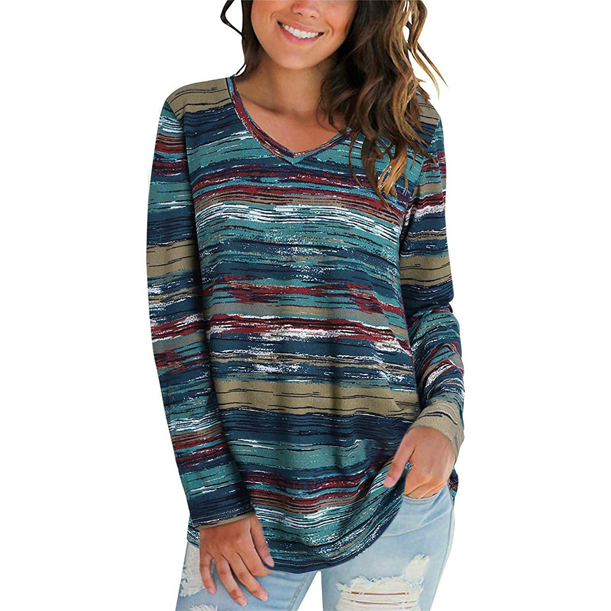 autumn and winter new women's tops fashion striped printing loose V-neck t-shirt