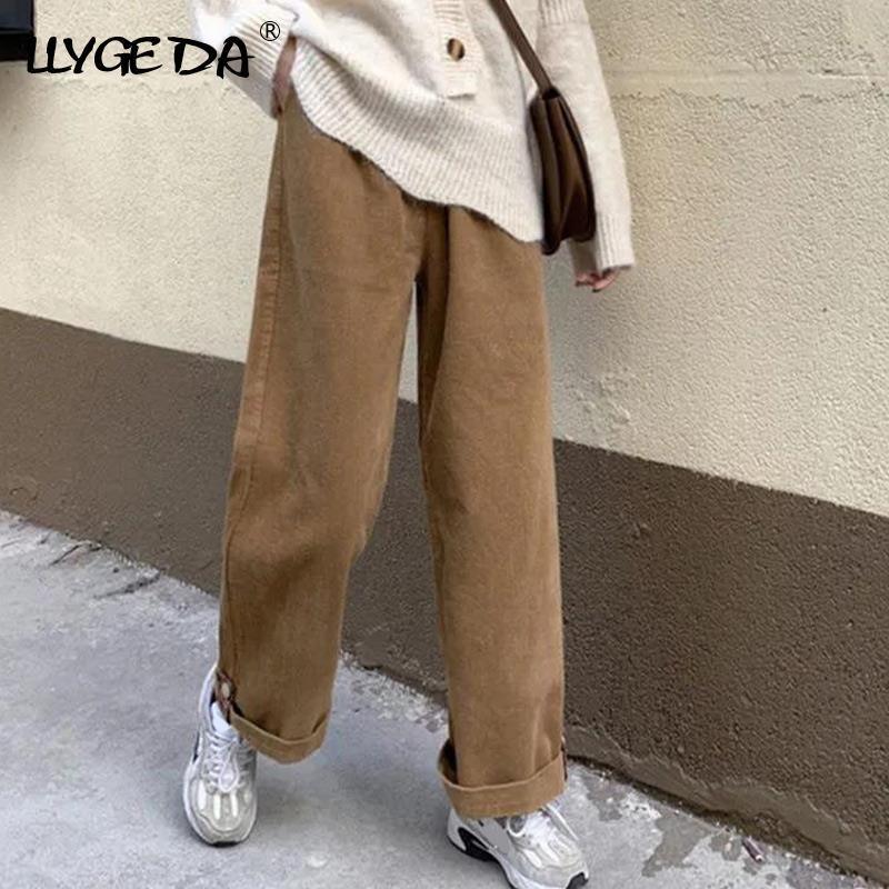 Brown Corduroy Thick Wide Leg Women Pants Warm Trousers Female Oversize Mid Waist Winter 2021 Fashion New Loose Casual Pant