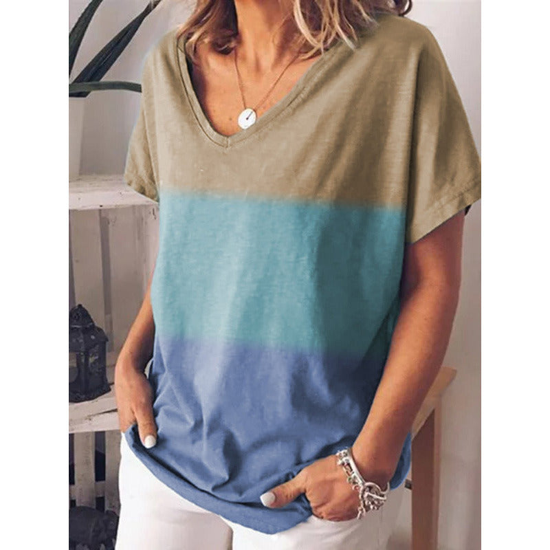 summer women's new gradient contrast print V-neck short-sleeved T-shirt
