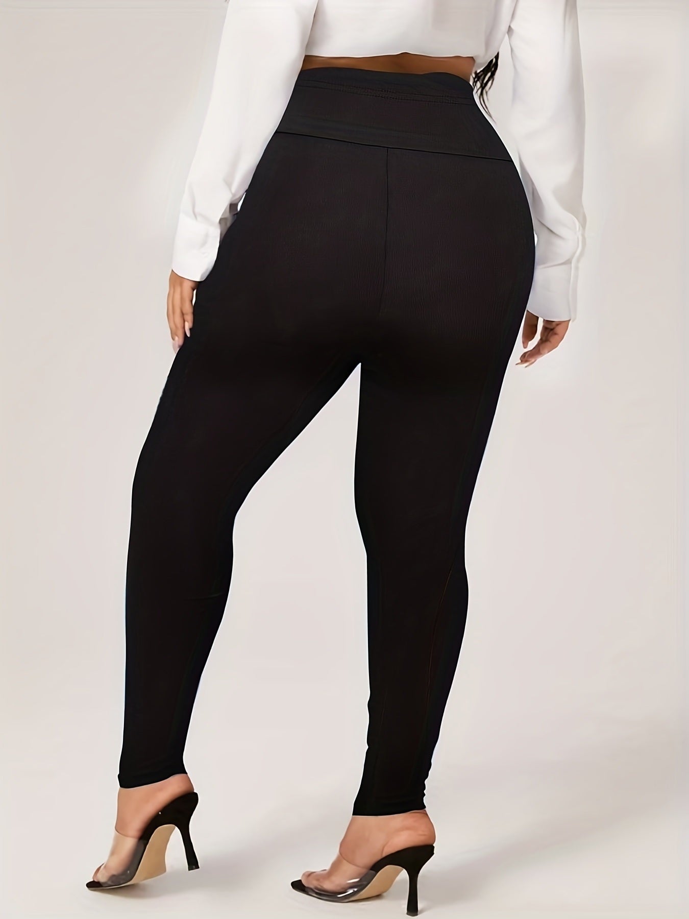 Plus Size Solid Color High Waist Leggings; Women's Plus Casual High Stretch Skinny Leggings