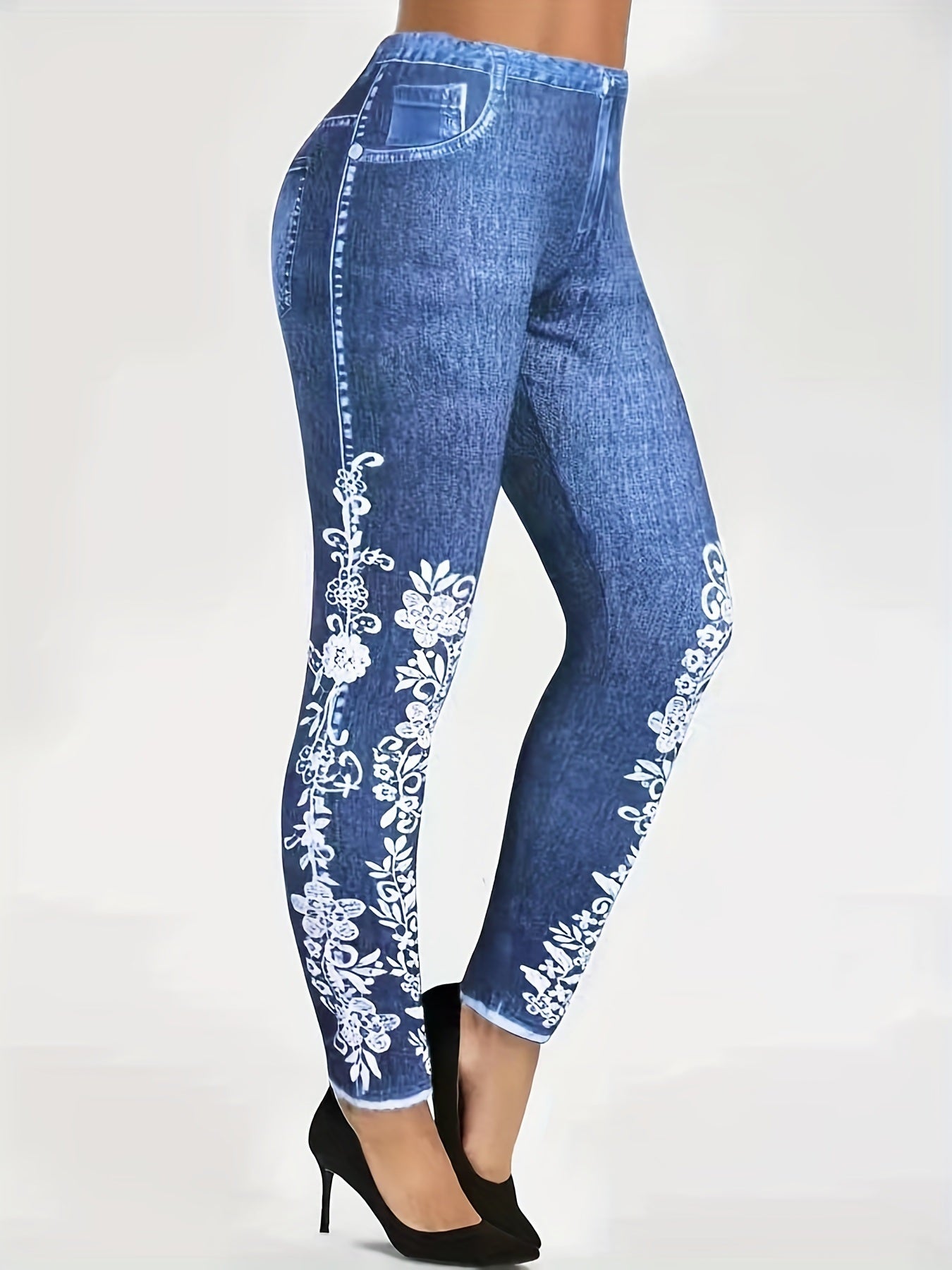 Plus Size Floral Print High Rise Leggings; Women's Plus Casual High Stretch Skinny Pants