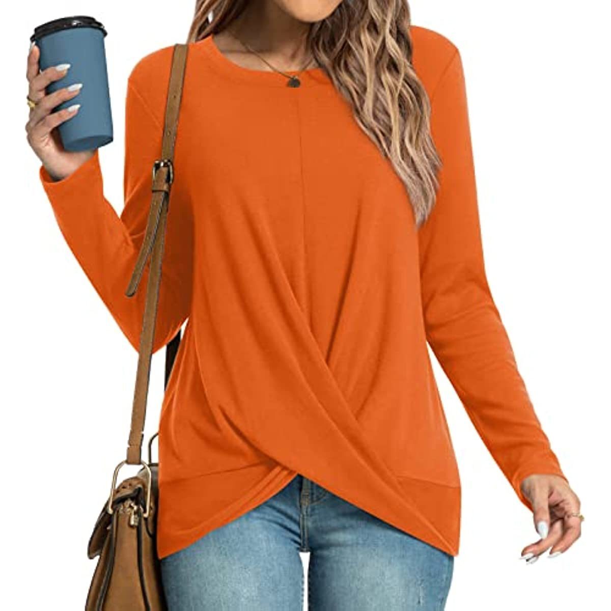 Women's Winter Fall Tunic Tops Long Sleeve Casual T-Shirts Front Twist Crewneck Blouse For Leggings