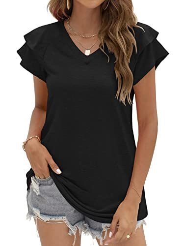 Women Summer Casual Ruffle Short Sleeve Loose Fitting V Neck T-Shirts Tunic Tops