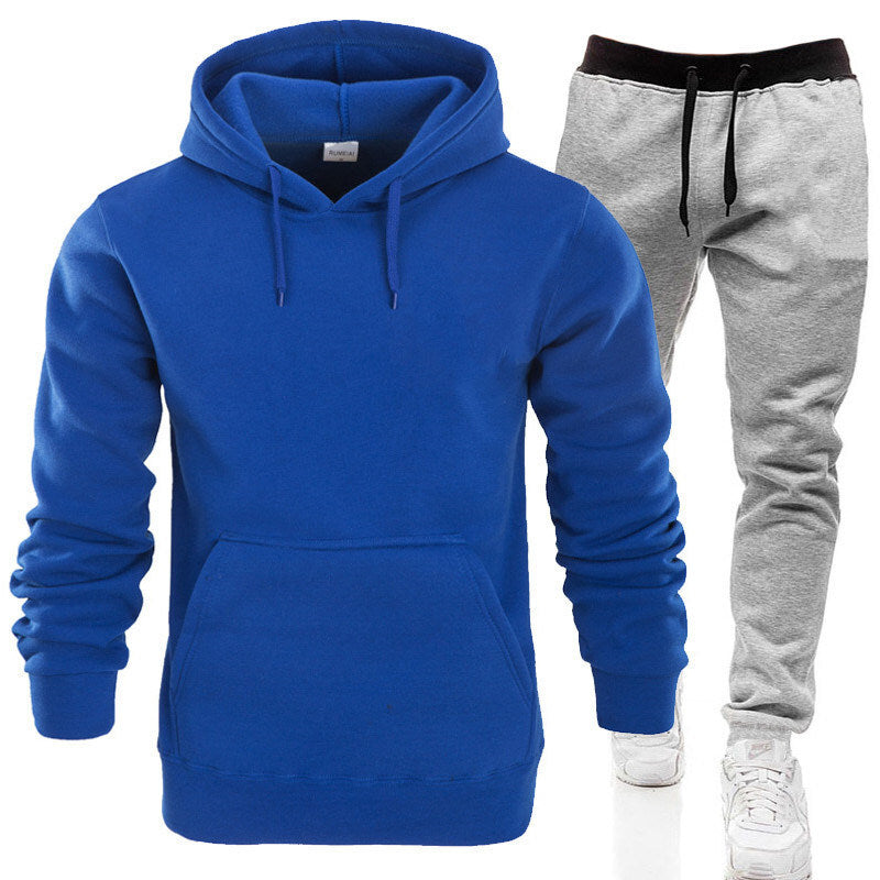Autumn and winter men's pullover plush hoodie sweater suit solid casual sports suit