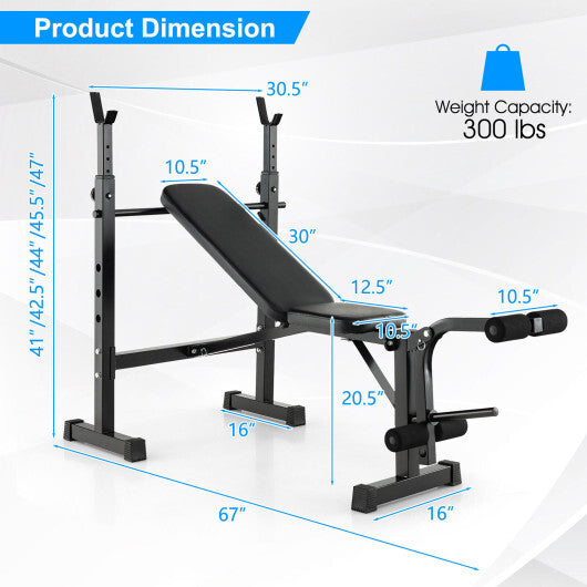 Adjustable Weight Bench and Barbell Rack Set with Weight Plate Post - Color: Black