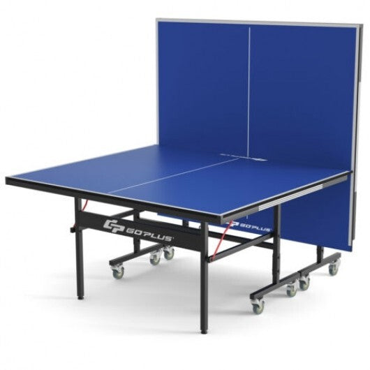 9 x 5 Feet Foldable Table Tennis Table with Quick Clamp Net and Post Set - Color: Blue