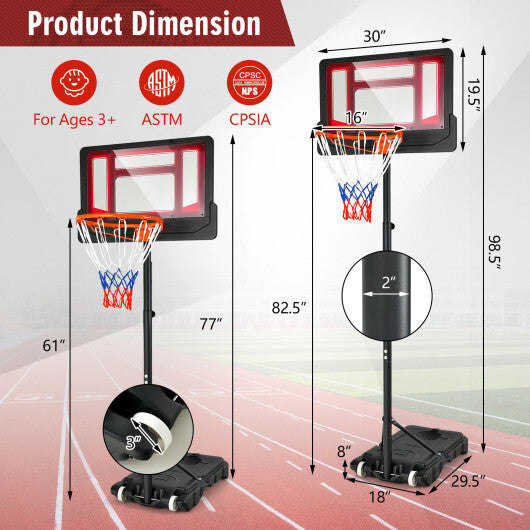 4.3-8.2 FT Portable Basketball Hoop with Adjustable Height and Wheels-Red - Color: Black & Red