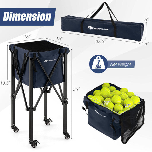 Lightweight Foldable Tennis Ball Teaching Cart with Wheels and Removable Bag-Blue - Color: Blue